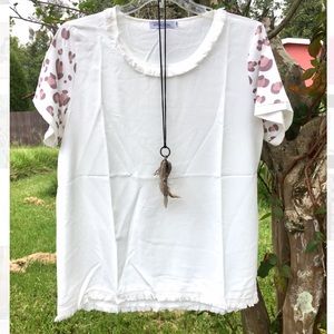 Plus Size Fringe Short Sleeve Leopard Tunic Blouse, 3XL